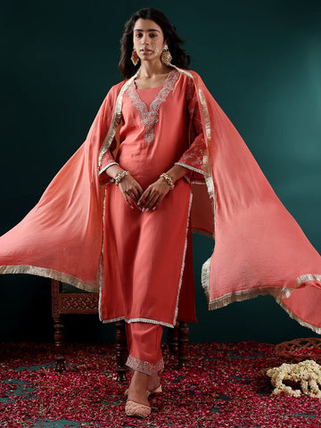Varanga Women Peach Zari Embroidered Sequins Embellished Straight Kurta With Bottom And Dupatta